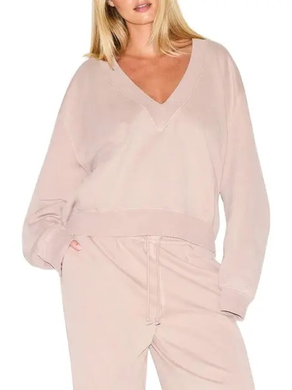 SKIMS Boyfriend Fleece V-Neck Pullover Sweater - Light Fawn VERY OVERSIZED